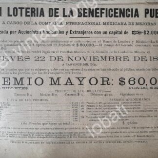 CARTEL ANTIGUO ORIGINAL DE LOTERIA NACIONAL NOVIEMBRE 1894 /151