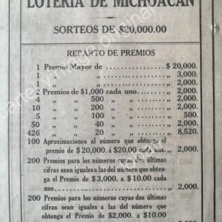 CARTEL ANTIGUO ORIGINAL DE LOTERIA DE MICHOACAN 1914 / RARO /4