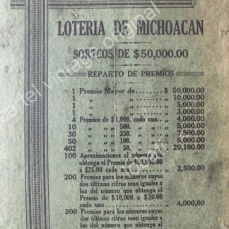 CARTEL ANTIGUO ORIGINAL DE LOTERIA DE MICHOACAN 1913 / MUY RARO