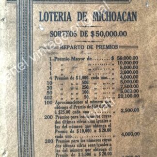 CARTEL ANTIGUO ORIGINAL DE LA LOTERIA DE MICHOACAN 1913 / MUY RARO