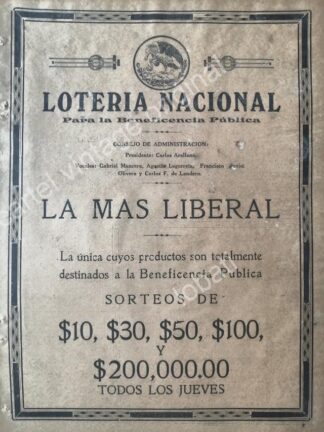 CARTEL ANTIGUO ORIGINAL DE LA LOTERIA NACIONAL 1921 Y GABRIEL MANCERA