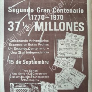 CARTEL ANTIGUO ORIGINAL DE BICENTENARIO DE LA LOTERIA NACIONAL 1970 / MUY RARO