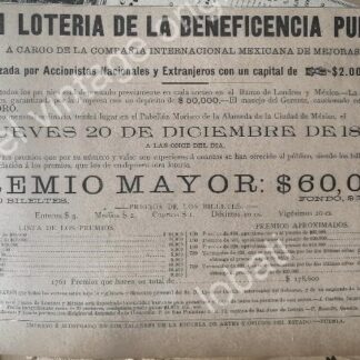 CARTEL ANTIGUO ORIGINAL DE LOTERIA NACIONAL DICIEMBRE 1894 /150