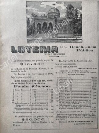 CARTEL ANTIGUO ORIGINAL DE LOTERIA NACIONAL AGOSTO 1897 Y EL KIOSCO MORISCO /149