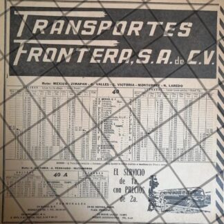 AFICHE ANTIGUO TRANSPORTES FRONTERA ITINERARIO 1950s