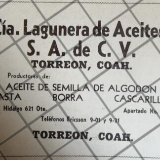PUBLICIDAD ANTIGUA CIA. LAGUNERA DE ACEITES 1940 TORREON