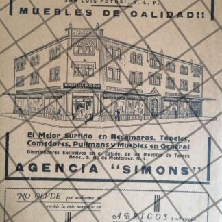 PUBLICIDAD ANTIGUA MUEBLERIA MODELO 1941 S. LUIS POTOSI