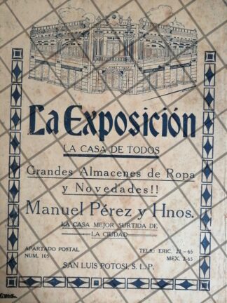 PUBLICIDAD ANTIGUA TIENDA LA EXPOSICION 1933 S. LUIS POTOSI