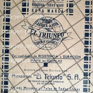PUBLICIDAD ANTIGUA FABRICA DE ROPA EL TRIUNFO 1933 S.L. POTOSI