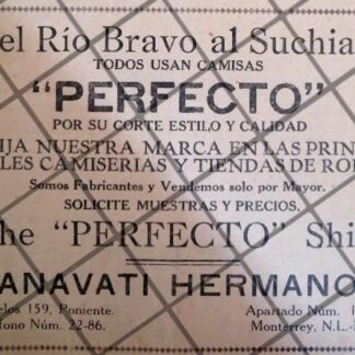 AFICHE RETRO CAMISAS PERFECTO, CANAVATI HERMANOS 1929