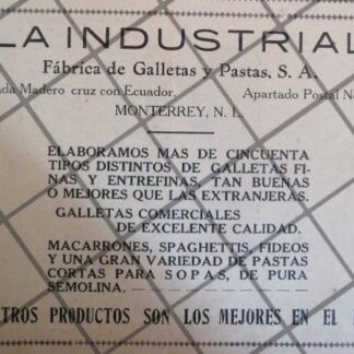 AFICHE ANTIGUO GALLETAS LA INDUSTRIAL / MONTERREY 1929
