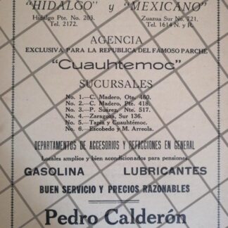 AFICHE RETRO GARAGES PEDRO CALDERON 1929 MONTERREY