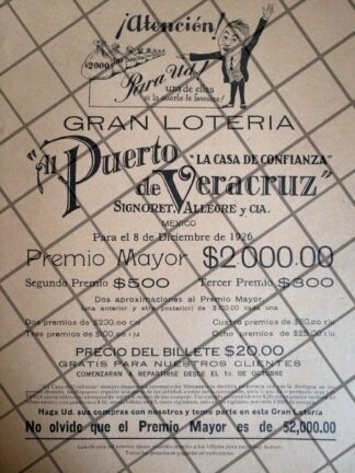 PUBLICIDAD RETRO LOTERIA TIENDA AL PUERTO DE VERACRUZ 1926
