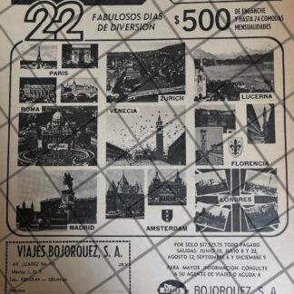 CARTEL DE PUBLICIDAD RETRO VIAJES BOJORQUEZ S.A. 1974