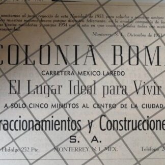 AFICHE RETRO INICIOS DE LA COLONIA ROMA. MONTERREY 1953