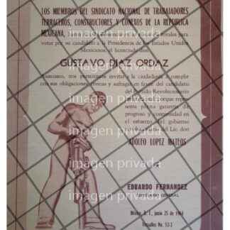 AFICHE POLITICO RETRO. SINDICATO DE TERRACEROS Y S. 1964