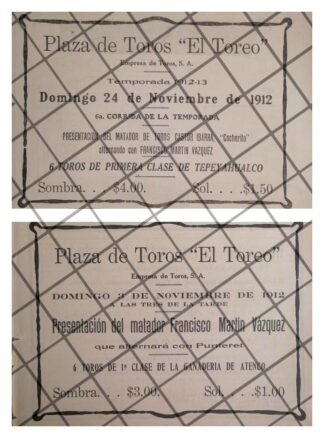 2 AFICHES ANTIGUOS DEBUT DE 2 TOREROS 1912 PLAZA EL TOREO