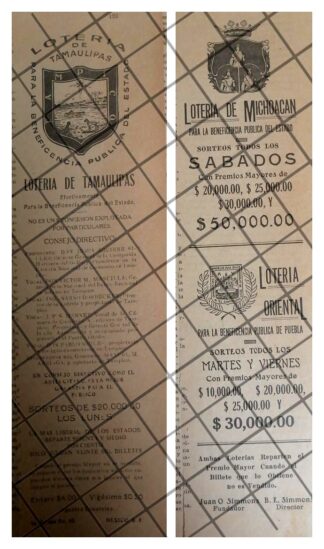 2 AFICHES RETRO LOTERIA DE MICHIACAN Y TAMAULIPAS 1926