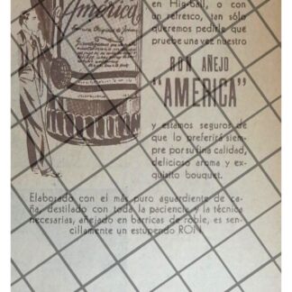 CARTEL PUBLICITARIO ANTIGUO RON AÑEJO AMERICA 1947