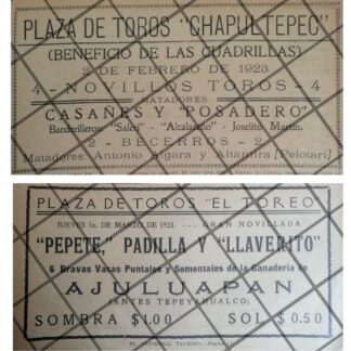 2 AFICHES RETRO PLAZAS DE TOROS CHAPULTEPEC Y EL TOREO 1923