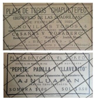 2 AFICHES RETRO PLAZAS DE TOROS CHAPULTEPEC Y EL TOREO 1923
