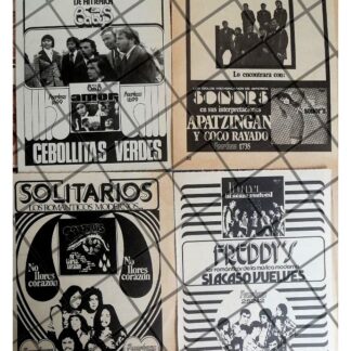 4 AFICHES RETRO. DISCOS PEERLESS Y GRUPOS DE LOS 70s