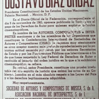 CARTEL ANTIGUO ORIGINAL DE LA ANDI, ANDA Y ARTISTAS AGRADECEN A DIAZ ORDAZ POR TARIFAS DE REGALIAS 1965