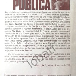 CARTEL ANTIGUO ORIGINAL DE DENUNCIA SATIRICA DE CARLOS FUENTES CONTRA LA REVISTA "EL" 1973