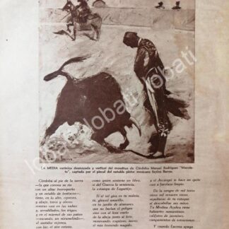 CARTEL ANTIGUO ORIGINAL DE EVOCACION A MANOLETE DIBUJO DE RUANO LLOPIS 1940s / TOROS
