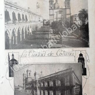 CARTEL ANTIGUO ORIGINAL DE CIDUAD DE COLIMA 1920s PLAZA PRINCIPAL Y CATEDRAL / LDM