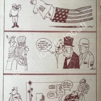 CARTEL ANTIGUO ORIGINAL DE CARICATURA VINTAGE DE RIUS. TRAICION DE LA OEA Y U.S.A 1964