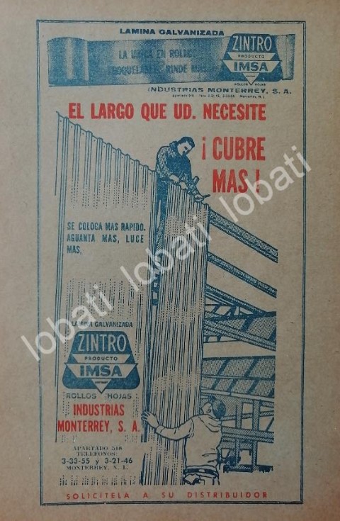 CARTEL ANTIGUO ORIGINAL DE IMSA. INDUSTRIAS MONTERREY 1966 /714