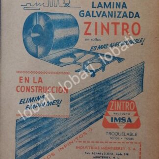 CARTEL ANTIGUO ORIGINAL DE IMSA INDUSTRIAS MONTERREY. LAMINA ZINTRO 1960 /715