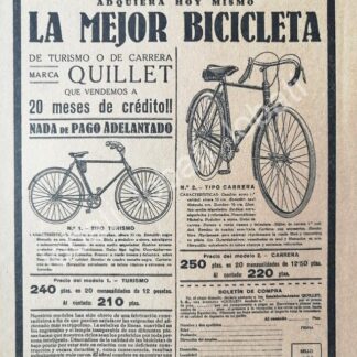 CARTEL ANTIGUO ORIGINAL DE BICICLETAS QUILLET 1914 / ESPAÑA