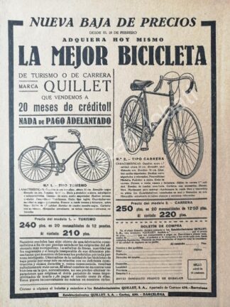 CARTEL ANTIGUO ORIGINAL DE BICICLETAS QUILLET 1914 / ESPAÑA