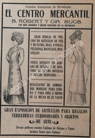 CARTEL ANTIGUO ORIGINAL DE TIENDA EL CENTRO MERCANTIL 1910 S. ROBERT Y CIA.