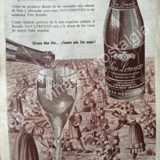 CARTEL ANTIGUO ORIGINAL DE VINO ROSADO SAN LORENZO 1958 CASA MADERO /V265