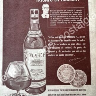 CARTEL ANTIGUO ORIGINAL DE BRANDY EVARISTO No 1. PREMIO FRANCIA 1955 / RARO Y ANTOINE BONNET