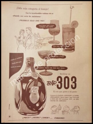 CARTEL ANTIGUO ORIGINAL DE RON AÑEJO BAR 303 1958 / RARO