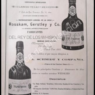 CARTEL ANTIGUO ORIGINAL DE VINOS A. SCHMIDT -WHISKY OLD SARATOGA 1898 /RARO