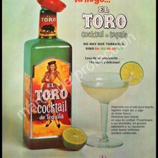 CARTEL ANTIGUO ORIGINAL DE COCTKTAIL TEQUILA EL TORO 1967 /MUY RARO