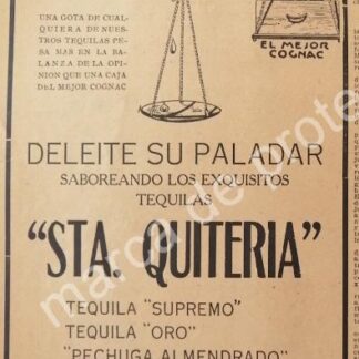 CARTEL ANTIGUO ORIGINAL DE TEQUILA SANTA QUITERIA DE MANUEL CRUZ 1922