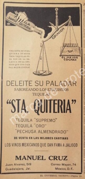 CARTEL ANTIGUO ORIGINAL DE TEQUILA SANTA QUITERIA DE MANUEL CRUZ 1922