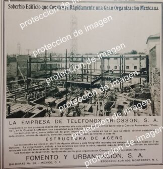 CARTEL ANTIGUO. FOMENTO Y URBANIZACION S.A CONSTRUYE TELEFONOS DE MEXICO (ERICSSON) 1930