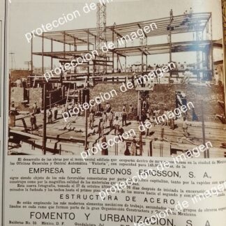 AFICHE ANTIGUO. FOMENTO Y URBANIZACION S.A CONSTRUYE TELEFONOS DE MEXICO (ERICSSON) 1930