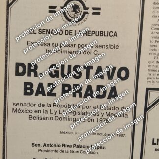 AFICHE RETRO, MUERE GUSTAVO BAZ, SENADO DE LA REPUBLICA. 1987 /Politicos