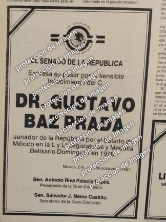 AFICHE RETRO, MUERE GUSTAVO BAZ, SENADO DE LA REPUBLICA. 1987 /Politicos