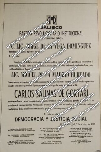 PUBLICIDAD RETRO, AFICHE POLITICO JALISCO APOYA A CARLOS SALINAS DE GORTARI 1987 /GOBIERNO