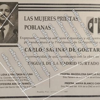 CARTEL PUBLICITARIO RETRO, AFICHE POLITICO CARLOS SALINAS DE GORTARI 1987 / GOBIERNO /POLITICOS