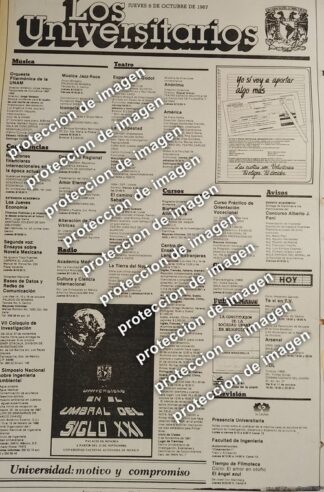 CARTEL PUBLICITARIO RETRO, CARTELERA CULTURAL UNAM, LOS UNIVERSITARIOS OCT 1987 /ESCUELAS